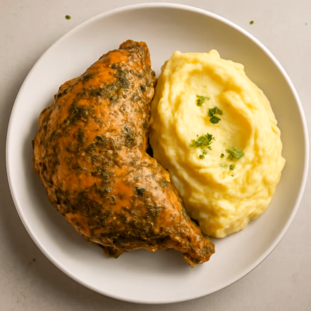 Стегно мариноване зелене і пюрешка