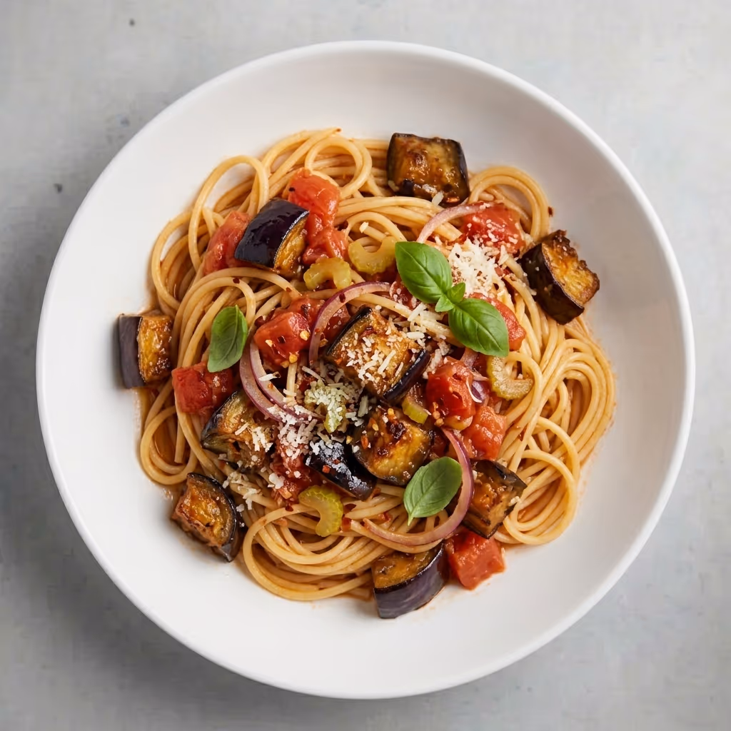 Spaghetti with sweet and sour eggplant
