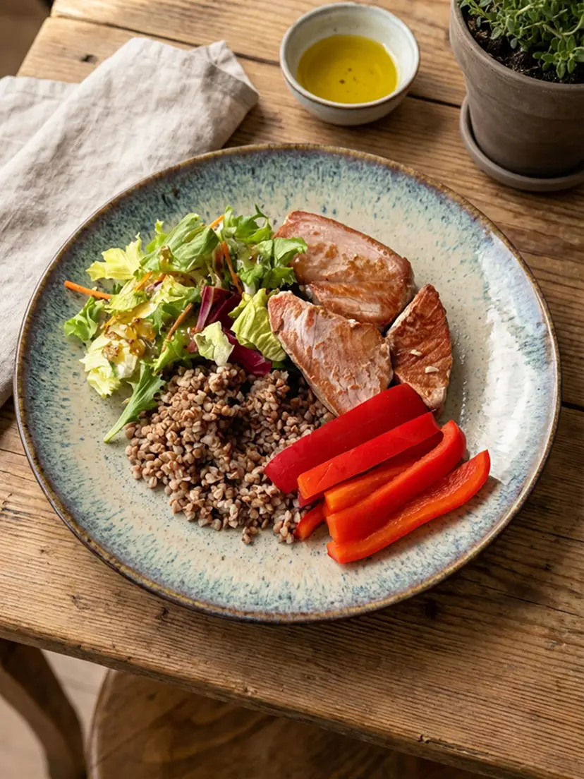 Гречка та обсмажений тунець